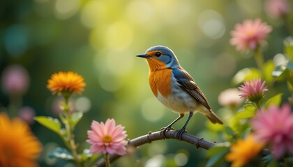 Fototapeta premium Close-Up Of Erithacus Rubecula Bird standing on tree branch