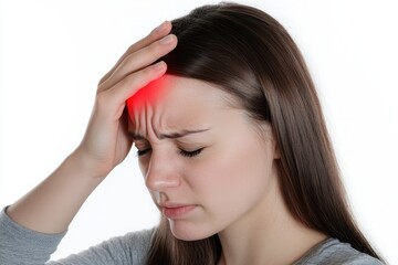 Fototapeta premium Woman experiencing a severe toothache while holding her head, expressing discomfort against a plain white backdrop. Generative AI