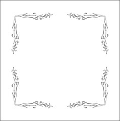 Elegant black and white ornamental frame with cereal spikelets, wheat ears, decorative border, corners for greeting cards, banners, business cards, invitations, menus. Isolated vector illustration.	
