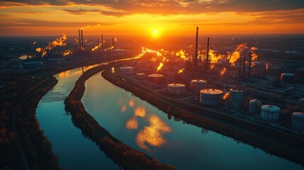 Fototapeta premium Sunset over industrial landscape with smokestacks and river reflecting golden hues