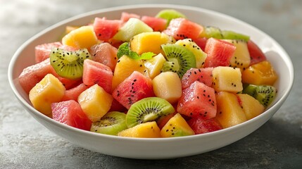 A bowl of tropical fruit salad with vibrant colors, including dragon fruit, kiwi, and watermelon chunks 