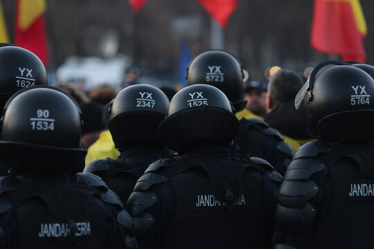 Romanian riot police (jandarmi or gendarmes) during a protest.