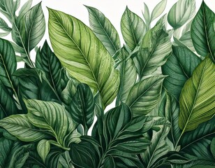 Fototapeta premium Green plant and leafs pattern, hand drawn natural illustration, Simple organic plant