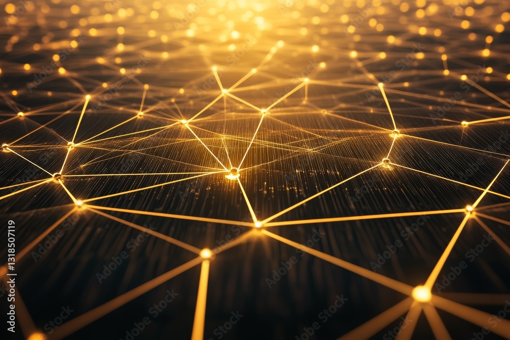Poster golden network connection with glowing lines and dots in background