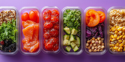 Nutritious lunch concept using healthy meal prep containers displayed on bright purple background.