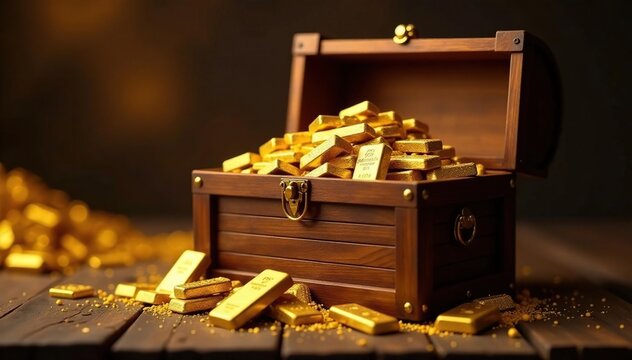 Glittering gold bars overflowing from a large wooden chest, gold, valuable
