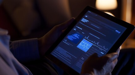 Person Using Medical Information Application on Digital Tablet with Healthcare Analytics Interface and Blue Data Dashboard in Dark Environment for Hospital Management System