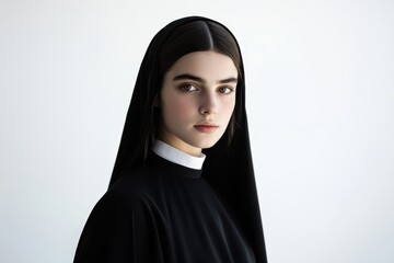 Naklejka premium Beautiful young nun in black habit radiates serene elegance in studio setting with soft lighting. Generative AI