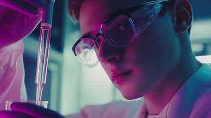 Scientist with Test Tube in Neon Lighting