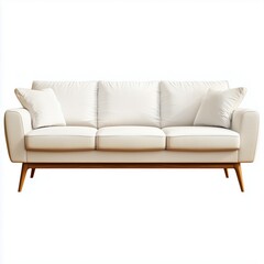 Fototapeta premium Eye-Level Full Shot White Leather Sofa with Pillows Isolated, Clean, Modern Interior Design, Furniture, Minimalist, Scandinavian Style.