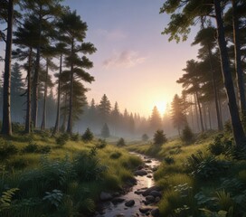 Obraz premium Lush forest landscape at dusk, trees silhouetted, sunset, nature
