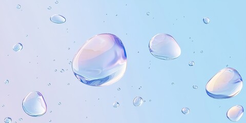 Floating weightless water droplets on a frosty blue gradient background