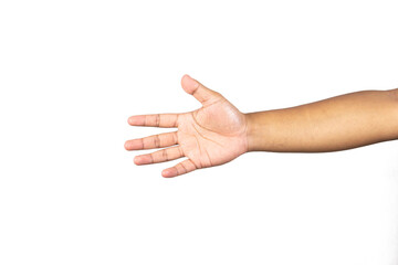 Male hands extended forward to shake hands or grab something on white background business concept