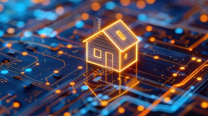 Digital home icon overlaying tech grid, representing smart housing trends