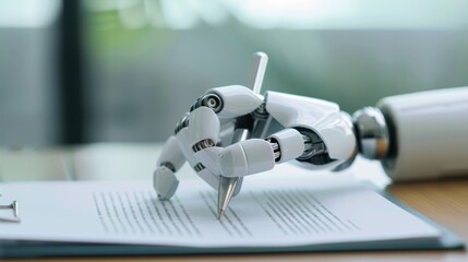 Robotic hand sketching on paper, sleek design, intricate details