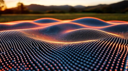 Fototapeta premium A futuristic glowing grid pattern of intersecting red and blue neon lights in a digital style.