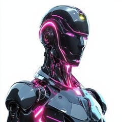 Futuristic cyborg with neon lights, isolated on clear white background