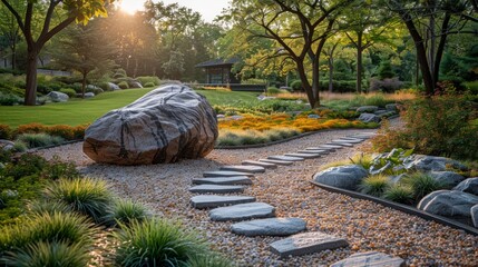 Minimalistic Garden Scene with Clean Gravel Path and Single Sculptural Boulder