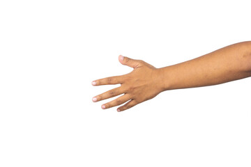 Male hands extended forward to shake hands or grab something on white background business concept