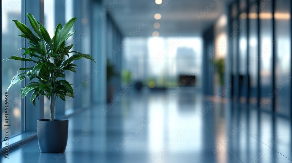 Poster a well-lit hallway features a potted plant positioned elegantly against a backdrop of glass partitio