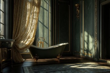 Luxurious Bathtub in Elegant Vintage Interior with Sunlight Reflection