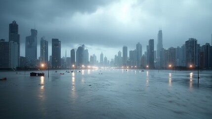 Fototapeta premium Cinematic vision of a destroyed abandoned cityscape under ominous storm clouds and a dark dramatic night sky The reflection of the partially submerged