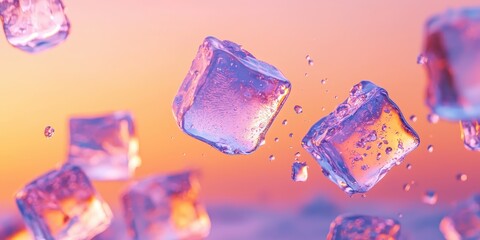 Luminous ice cubes mid-air on a pastel sunset glow background
