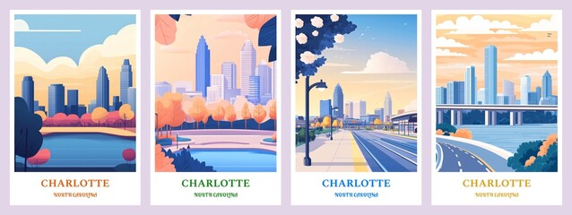 Set of 4 Charlotte, North Carolina Flat illustration posters 2:3, travel print, wall digital art, citycapes, Home decor gift