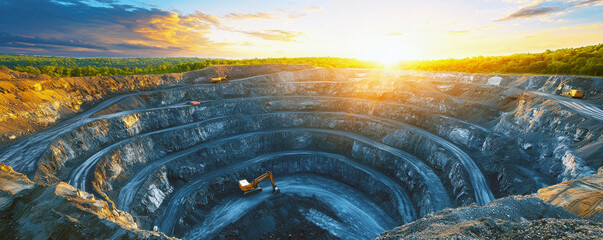 Vast Open Pit Mine at Sunrise with Machinery and Layers of Earth