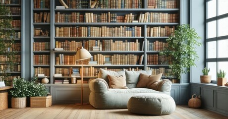 Reading nook with built in bookshelf filled with books and decorative items comfortable armchair and floor lamp showcasing importance of cozy corners