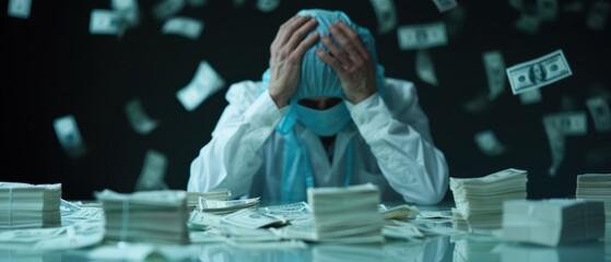 Frustrated man in lab coat, surrounded by scattered cash and papers