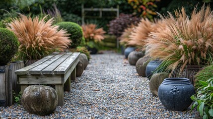 Minimalistic Garden Scene with Simple Wooden Bench and Ornamental Grasses
