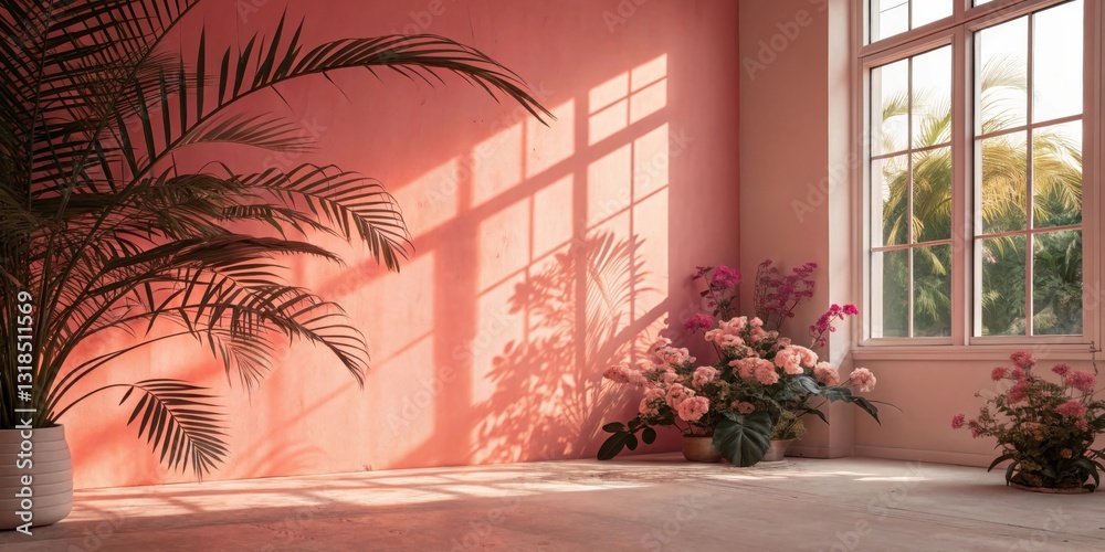 Poster Sunlight streams through a window, casting intricate shadows on a soft pink wall, highlighting a lush green palm plant and delicate pink flowers in pots, creating a serene and inviting atmosphere.