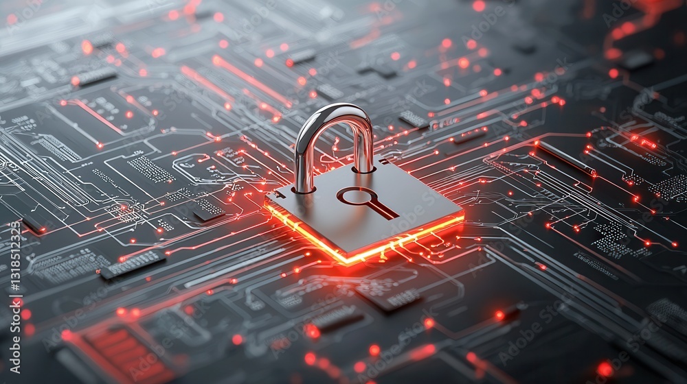 Poster cutting edge cyber protection concept with a three dimensional digital lock on a high tech circuit b