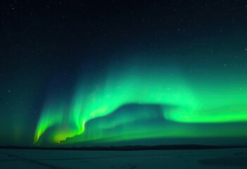 Naklejka premium Vibrant green aurora borealis dancing across a star-filled night sky, natural light, celestial