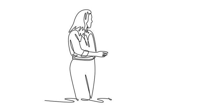 Mature business woman looking at a tablet screen as her assistant discusses her schedule with her. Technology in business concept. Single line draw design. Full length animation illustration. High qua