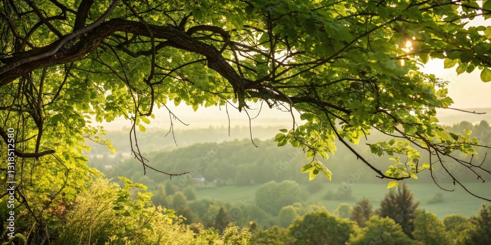 Poster a tree branch with vibrant green leaves frames a soft, sun-drenched landscape, creating a sense of p