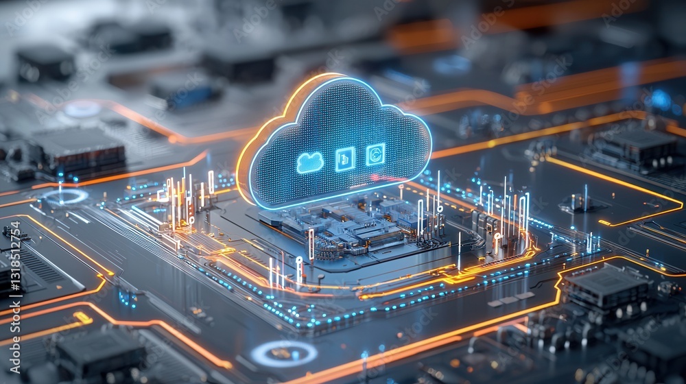 Poster cutting edge futuristic visualization of cloud computing technology dynamic data infrastructure and 