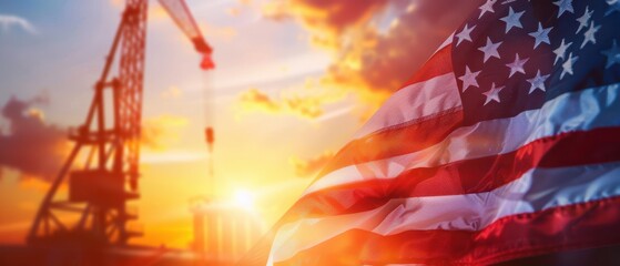 Sunset over oil rig with American flag waving, vibrant colors, industry scene
