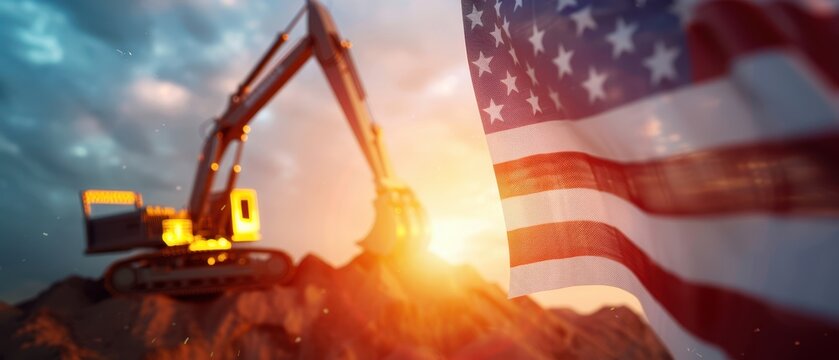 Excavator at sunset with American flag backdrop, construction scene