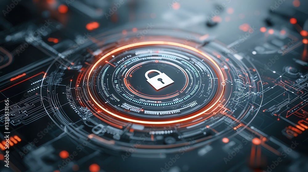 Poster cyber protection technology concept showcasing a futuristic secure digital system with a lock symbol
