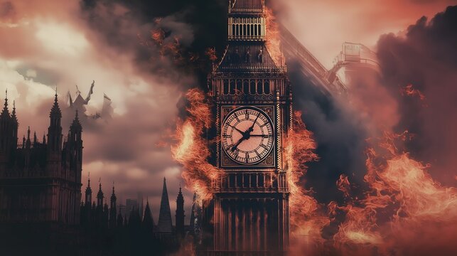 Big Ben Tower Burning Against Apocalyptic Sky Depicting London Landmark Destruction Dystopian Historical Monument Fire Governmental Collapse