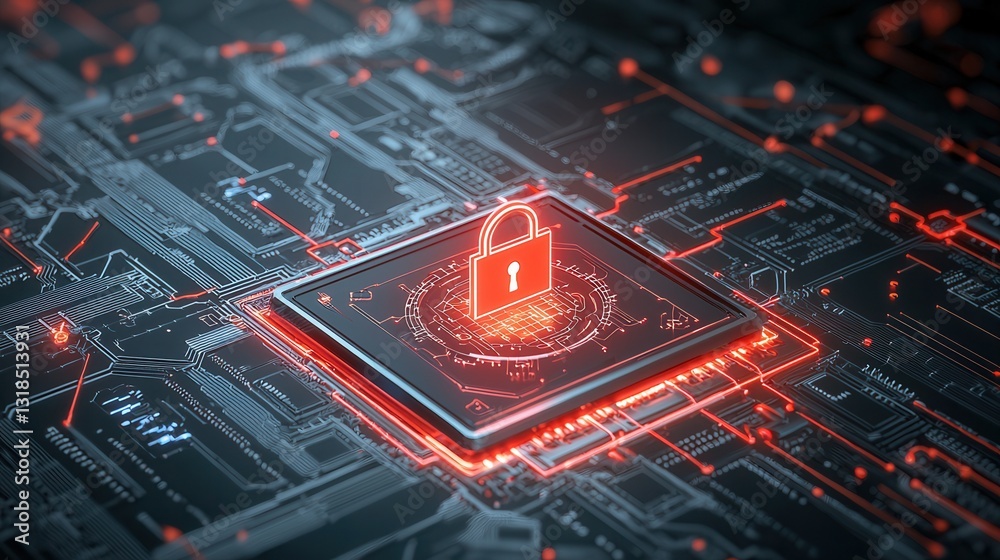 Poster cybernetic data protection artwork featuring a secure lock icon and futuristic digital infrastructur