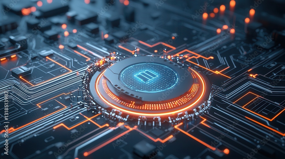 Poster captivating visualization of cybernetic encryption technology featuring a futuristic landscape of lu