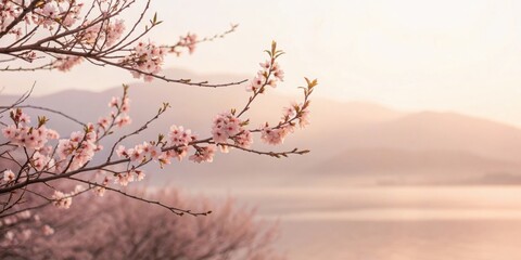 Obraz premium Delicate pink blossoms grace the branch of a tree, bathed in the soft light of the setting sun, creating a peaceful and serene scene.