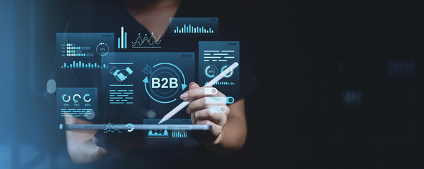 B2B digital marketing strategy with futuristic virtual analytics interface.