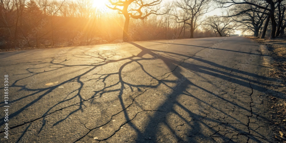 Poster The long shadows of trees cast across a cracked asphalt road as the sun shines through the branches, creating a stunning display of light and form.