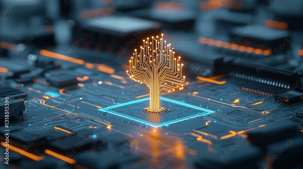 Poster cybernetic tree of intelligent ai powered digital technology abstract futuristic of a glowing circui