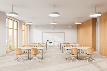 Modern Classroom Interior with Wooden Chairs and Tables. 3D Rendering