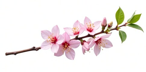 Obraz premium Single branch with flowers and leaves on white, dainty, botanical, isolated branch